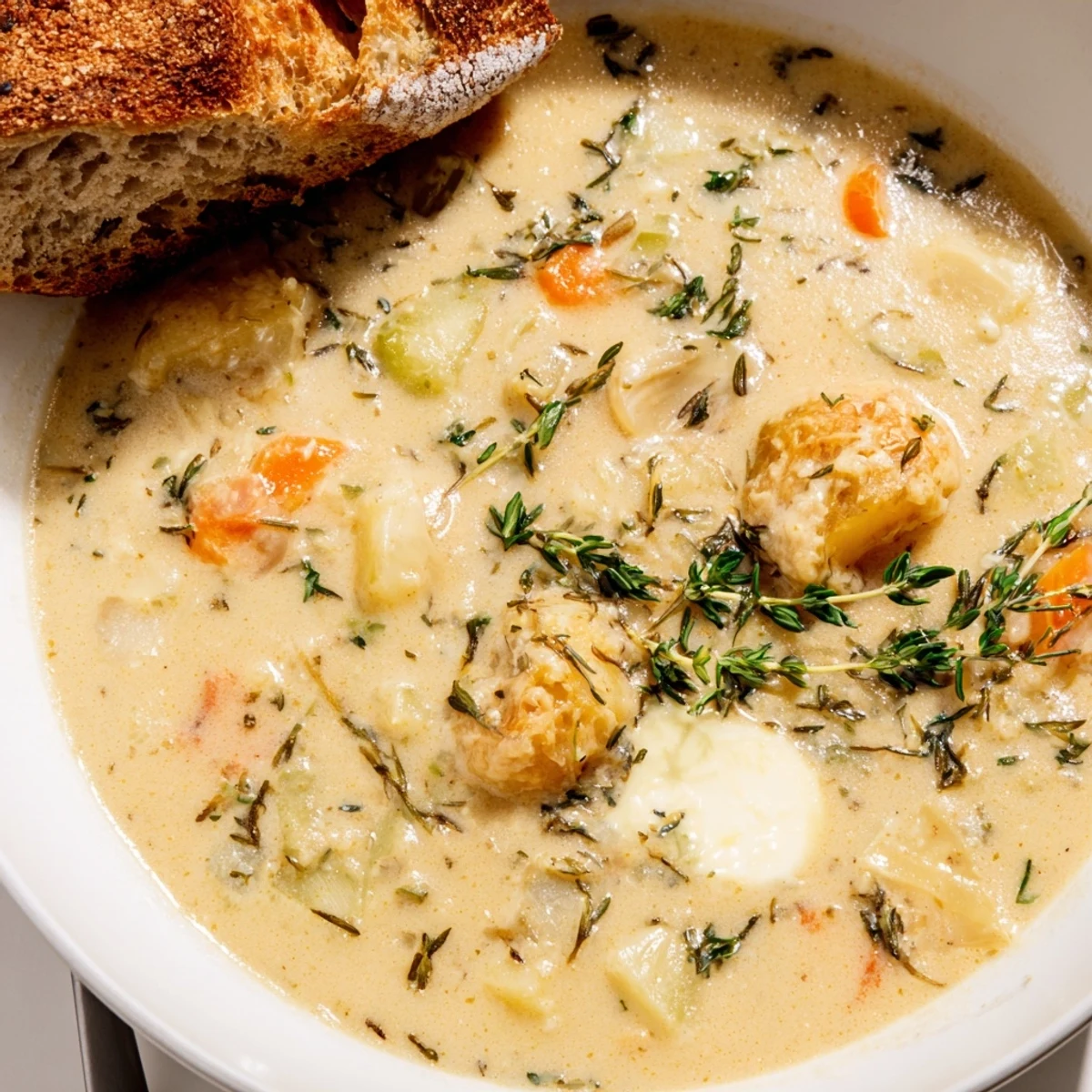 Bildbeschreibung: Geröstetes Knoblauchtopf- und Kräutersuppe dampft aromatisch, serviert mit Petersilie und Chives, perfekt für kühle Herbstabende.