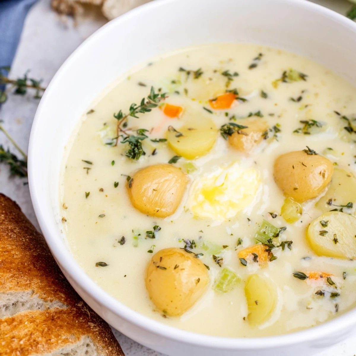Bildbeschreibung: Cremige, orangefarbene Roasted Garlic and Herb Soup mit goldenem Knoblauch, Thymian und einer Kruste Brot am Rand.