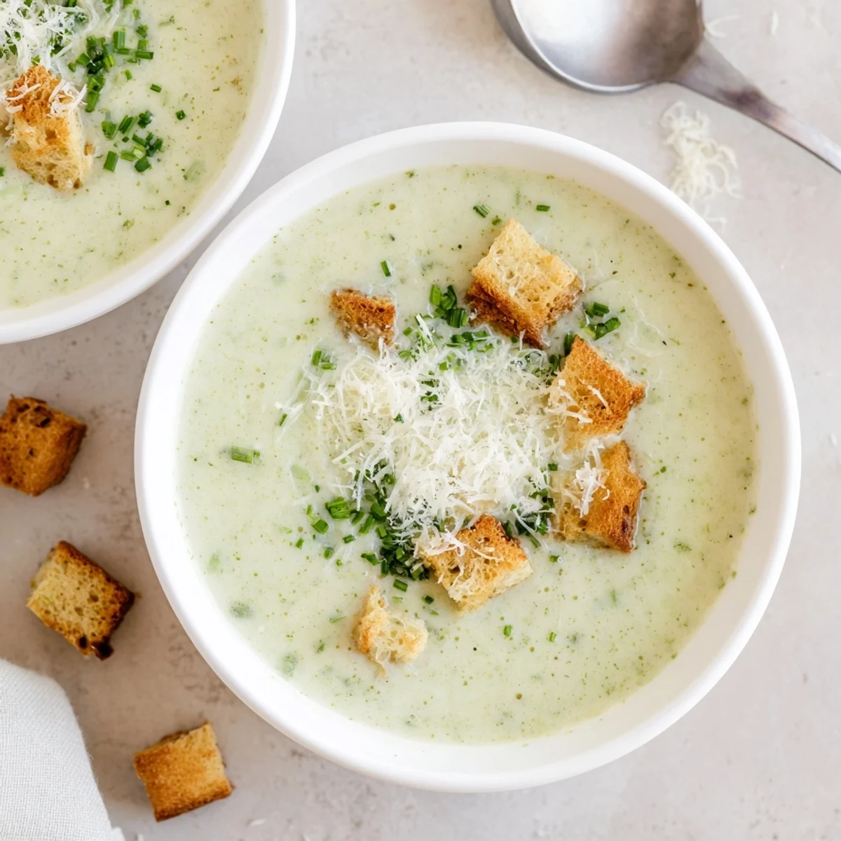 Geschmackvoll garnierte Schüssel mit cremiger Knoblauch-Krautsuppe, serviert mit frischen Kräutern und knusprigen Croutons.