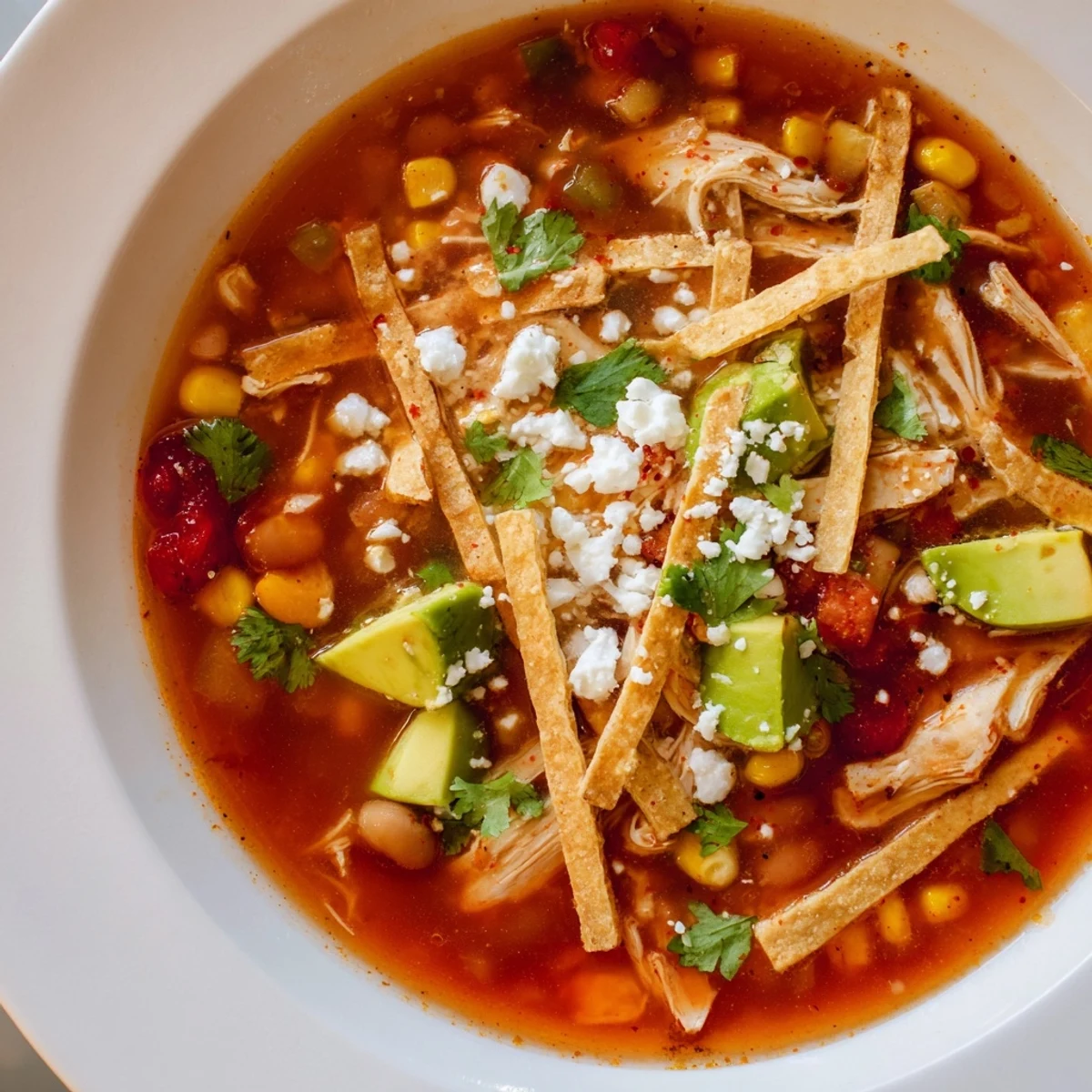 Eine Schüssel Chicken Tortilla Soup mit gerösteten Hähnchenbruststreifen, Bohnen und Mais, garniert mit frischem Koriander und zerbröseltem Cotija-Käse.