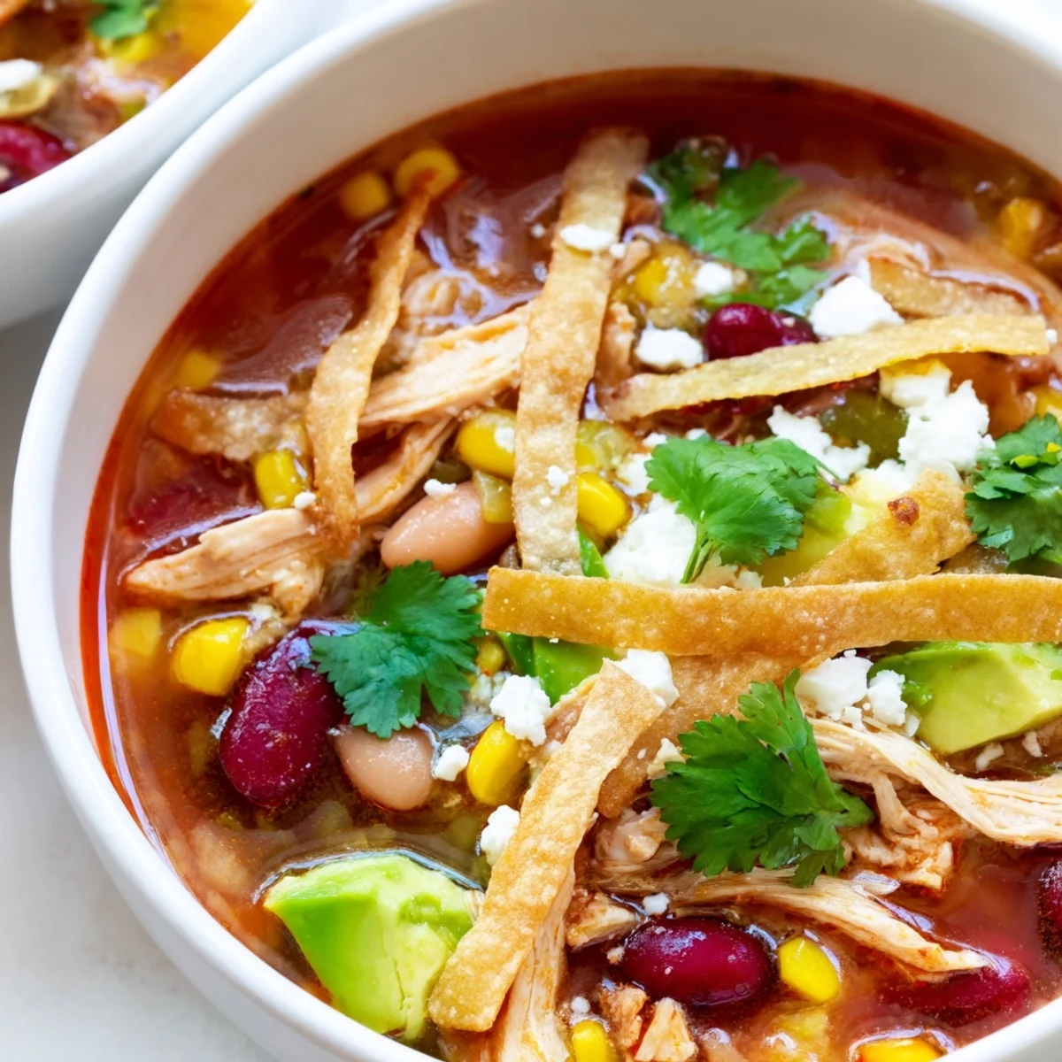 Ein Topf heißer Chicken Tortilla Soup, angerichtet mit knusprigen Tortilla-Strips, Avocado-Scheiben und einem frischen Limettenkeil.