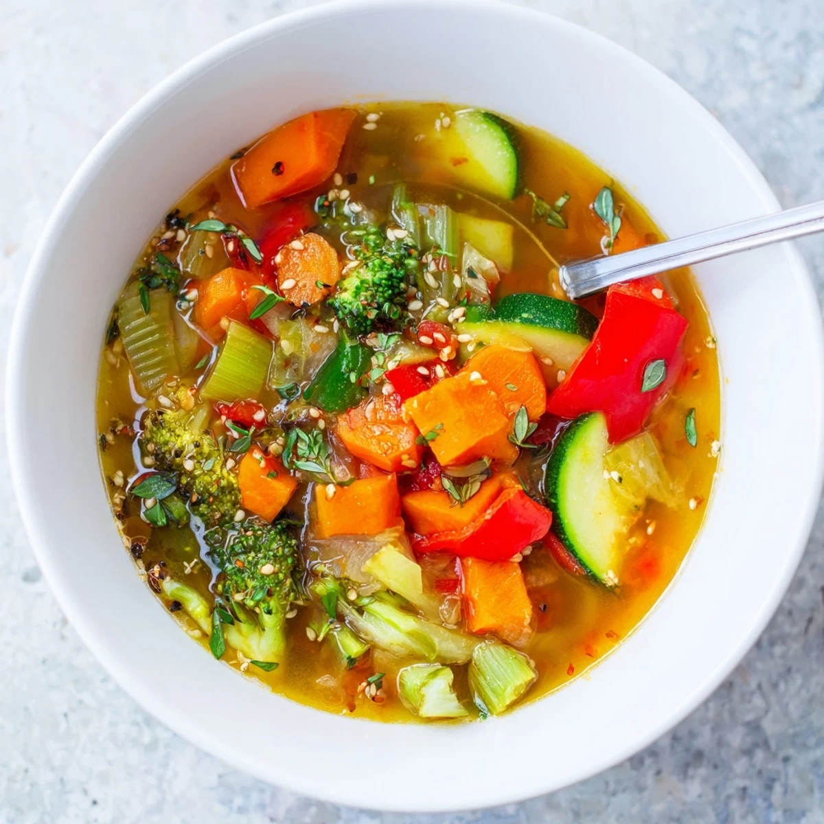 Frisch gehobeltes Ingwer und buntes Gemüse in der duftenden Ginger Vegetable Soup, serviert in einer Schale.