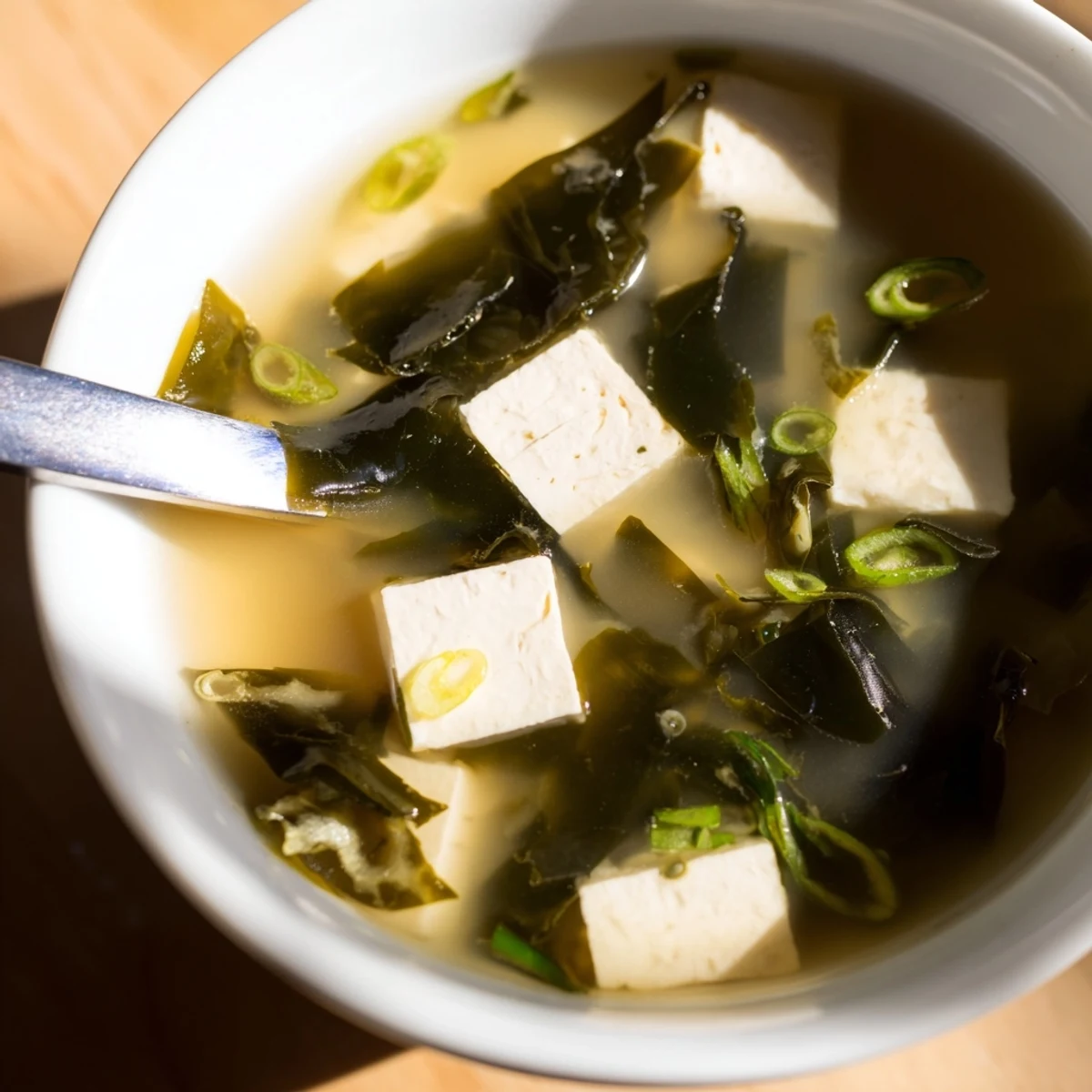 Heißer Wakame Soup mit weichen Tofu-Würfeln und frischen Lauchzwiebel-Scheiben im nahrhaften Brühen-Glas.