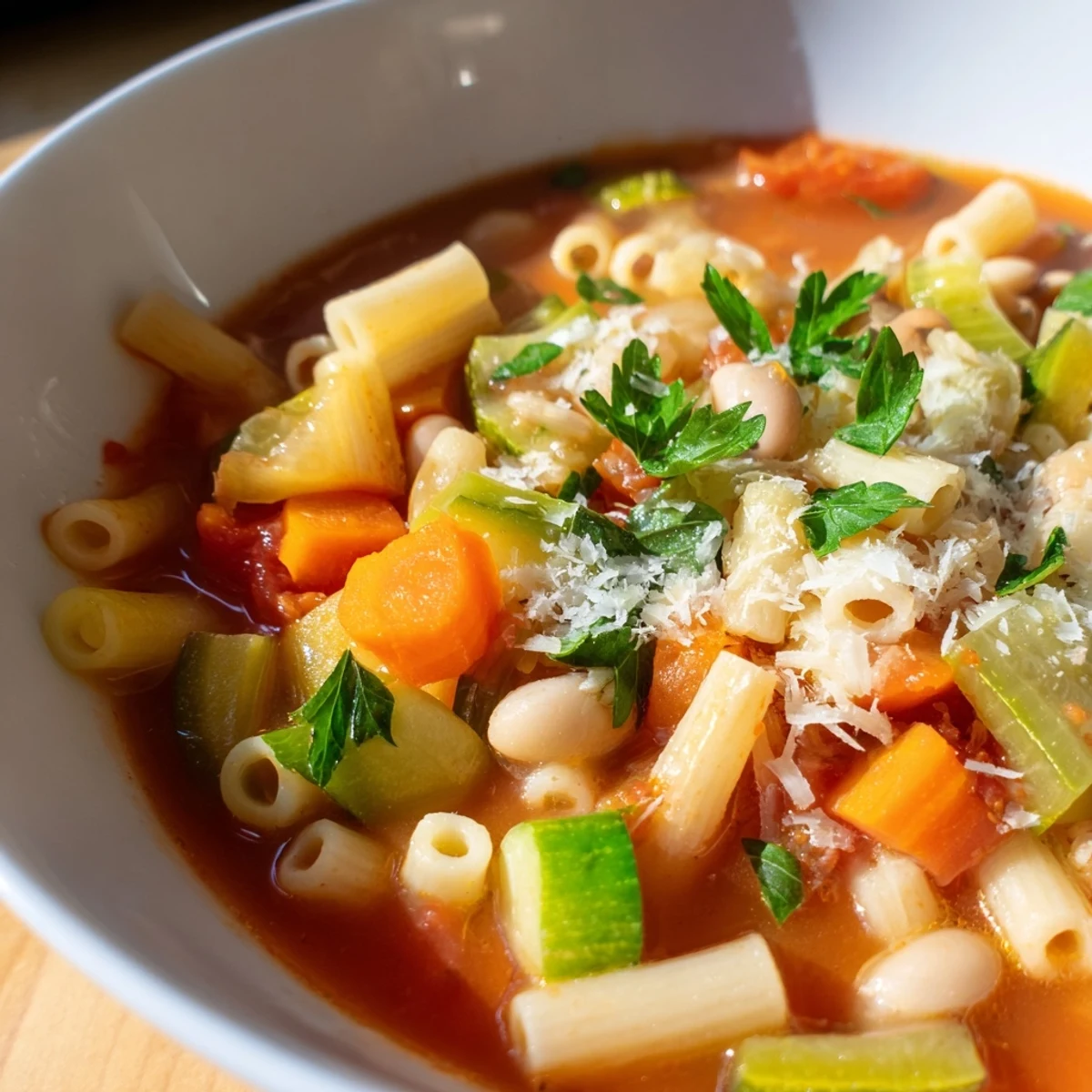 Dampfender Vegetable Minestrone mit bunter Gemüsevielfalt und Al dente Pasta im Löffel. 