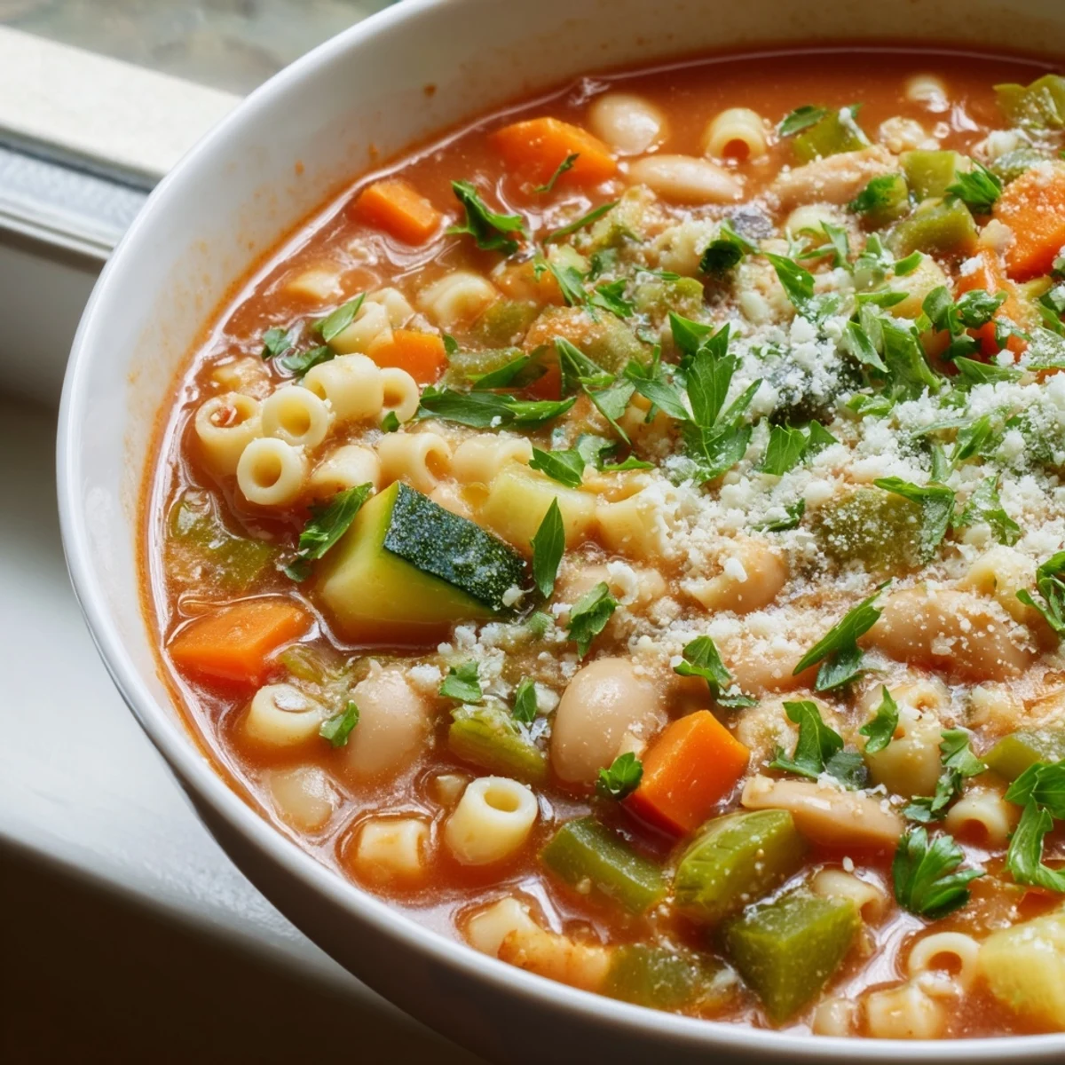 Cremige Vegetable Minestrone Schüssel mit Parmesan und knusprigem Brot am Teller. 