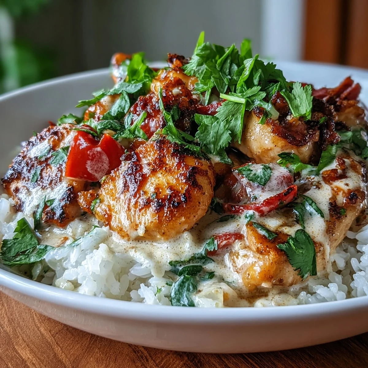 Gelb-braunes Hähnchen in cremiger Kokosmilch-Sauce mit roten und grünen Paprikaschoten und frischen Tomaten.