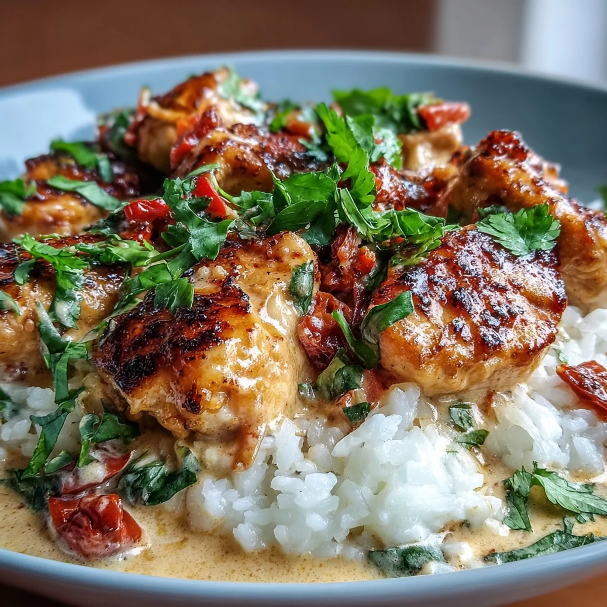 Aromatisch gewürzte Hähnchenbrust in cremiger Kokosmilch-Sauce serviert mit Reis und Koriander.