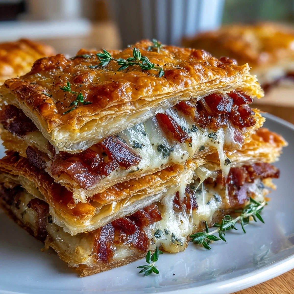 Häufchen aus flakem Krapfenleig, belegt mit saftigem Schinken und schmelzendem Käse, gebacken bis goldbraun und klar.