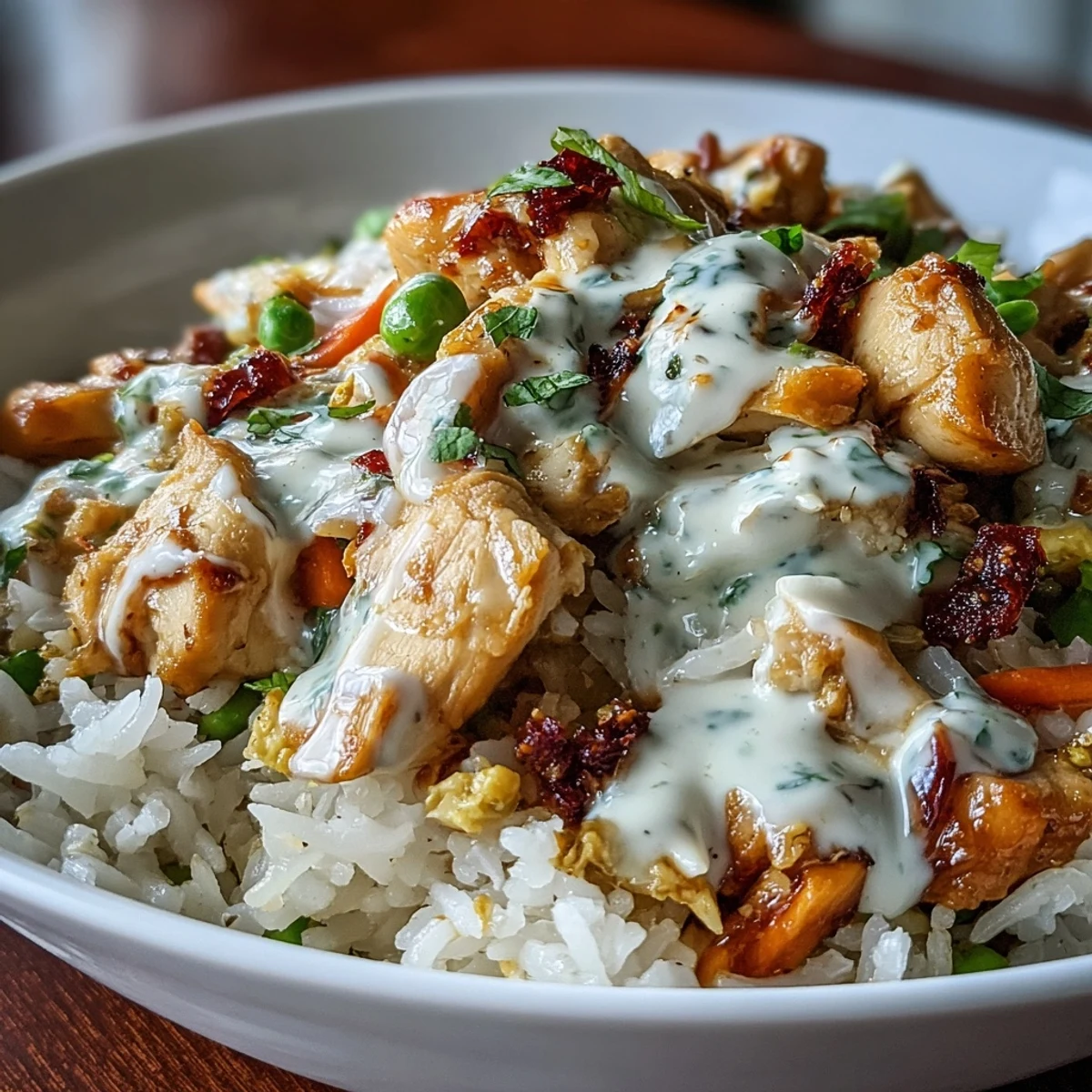 Goldener, knuspriger Bang Bang Fried Rice mit Hähnchenbrust, bunten Gemüsestücken und cremig scharf-süßer Sauce im Wok.
