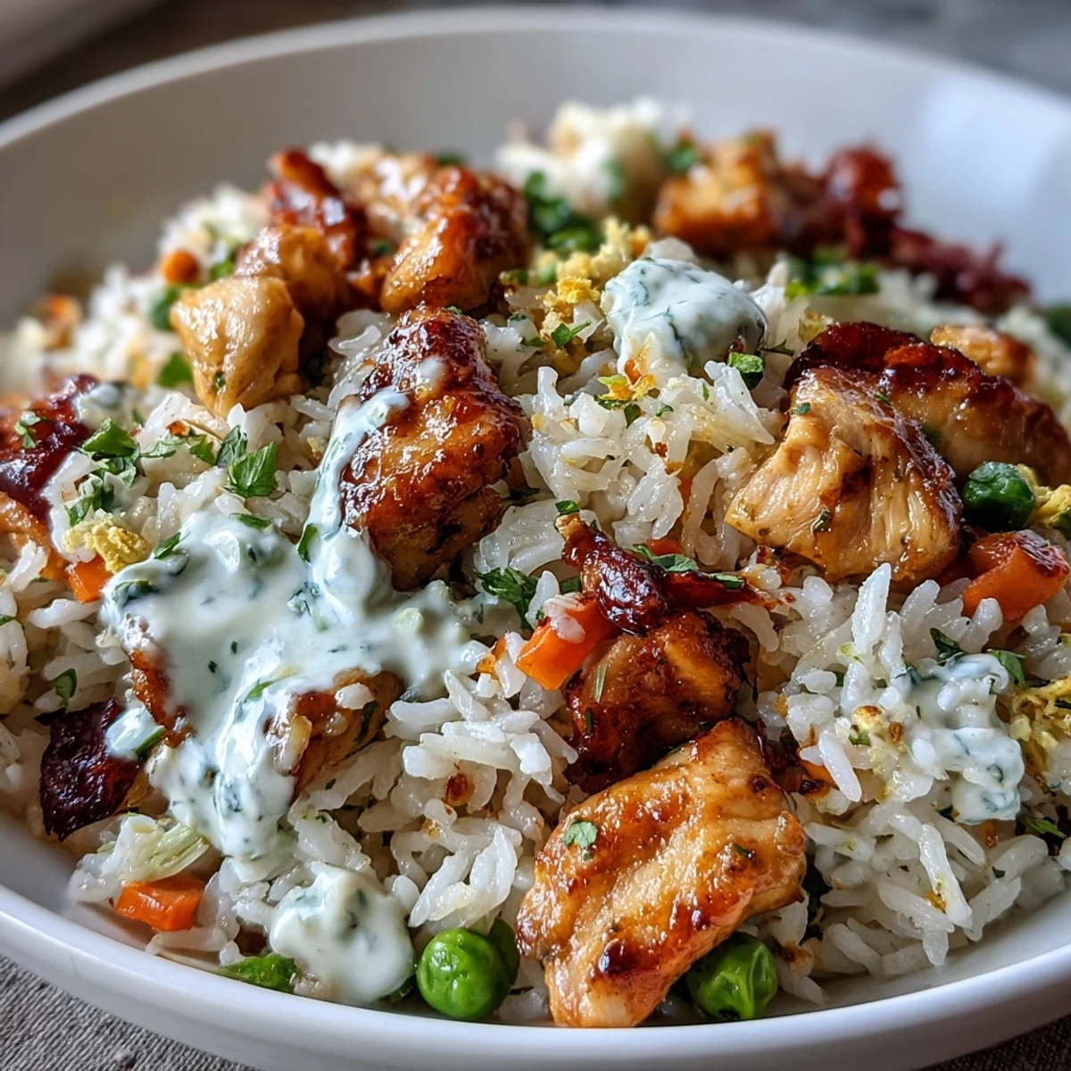 Scharf-süße Bang Bang Fried Rice aus dem Wok, dampfend heiß und garniert mit knackigem Gemüse.