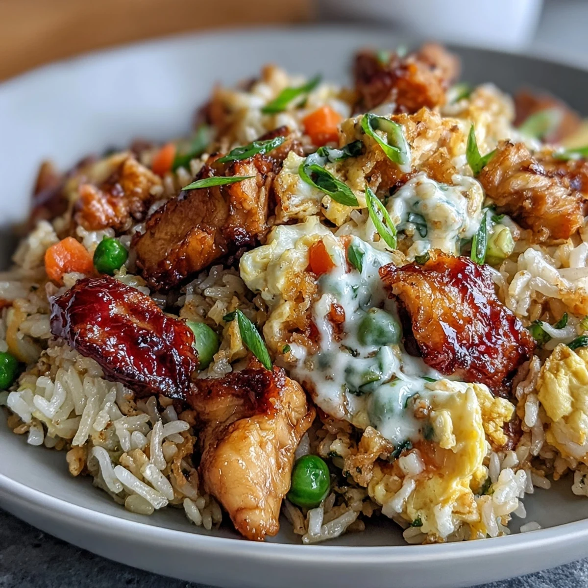 Belegter Teller mit Bang Bang Fried Rice, Rührei-Streifen, grünen Zwiebeln und einer leuchtend orangen Würznote.