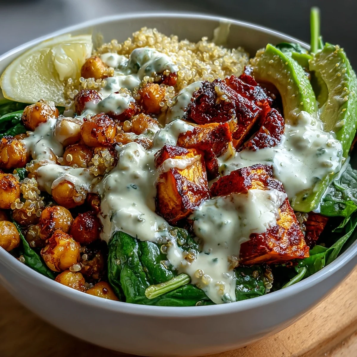 Gebackene Süßkartoffelstücke und knusprige Kichererbsen in einer nahrhaften Bowle mit Avocado und Spinat für den gesunden Glow.