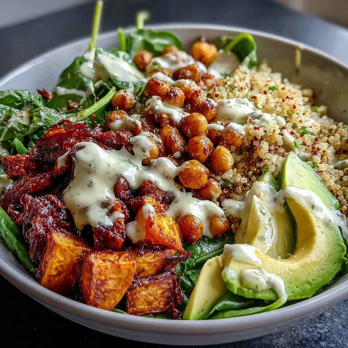 Gesunder Anti-Inflammations-Bowl mit goldener Kurkuma-Würze, saftiger Avocado und einer zitronigen Tahini-Soße zum Drüberträufeln.
