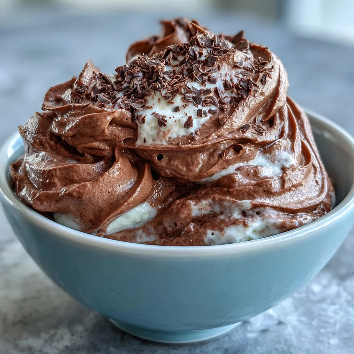 Fluffy chocolate protein fluff in a white bowl, topped with fresh raspberries and chocolate chips for a healthy dessert snack.