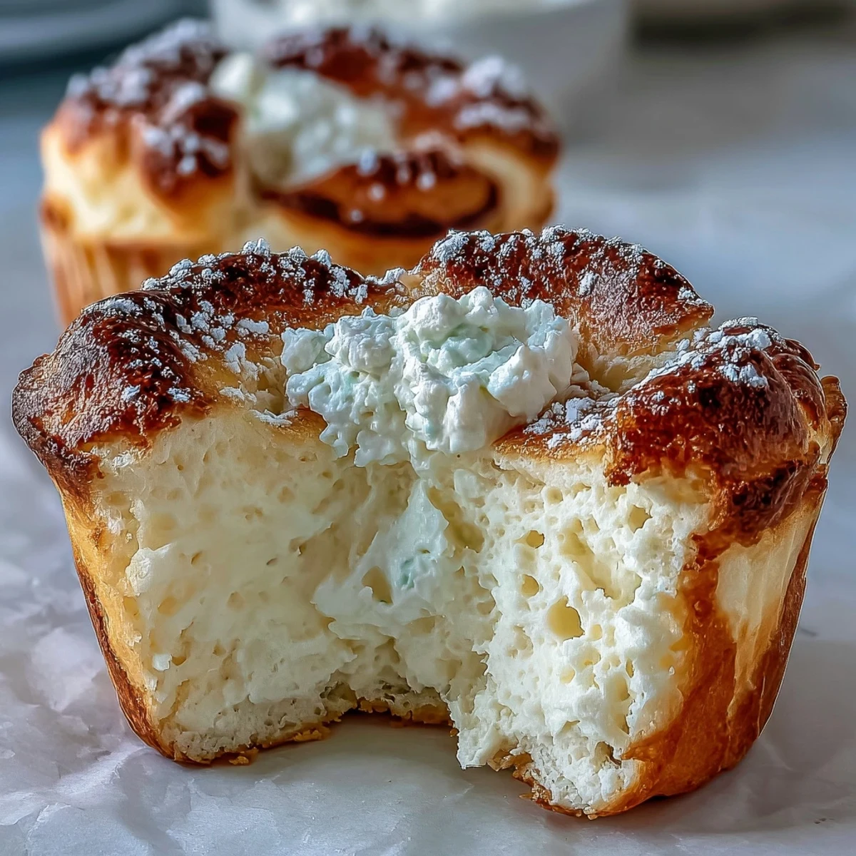 Der zarte Mitten und luftige Aufbau dieser Japanese Cotton Cheesecake Cupcakes leuchtet sanft im Ofenlicht.  