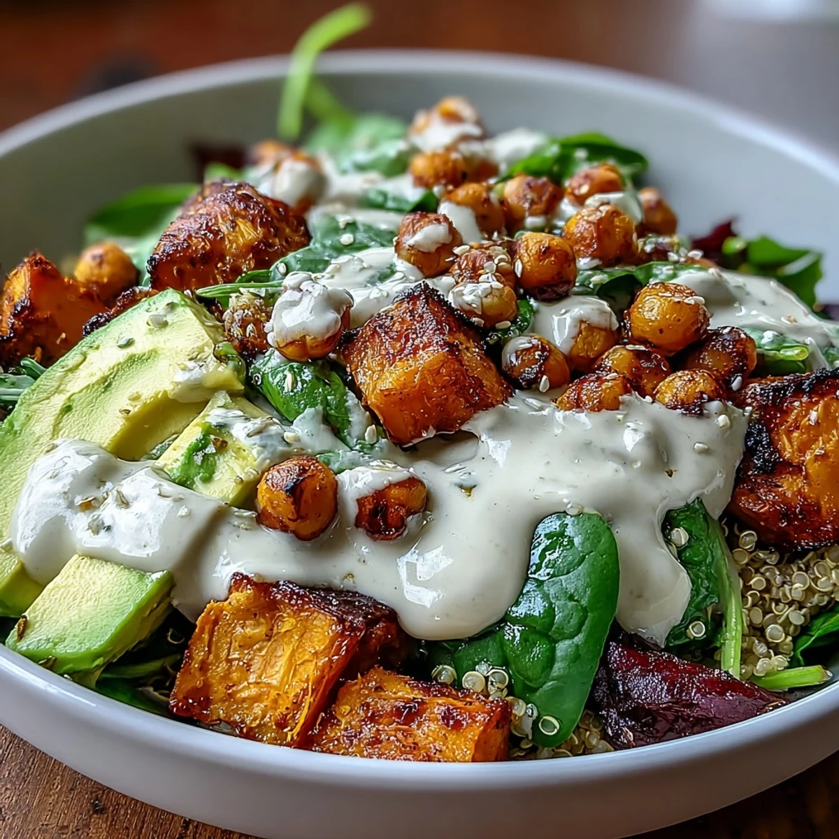 1.  Lebendiges Anti-Inflammatory Glow Bowl mit cremiger Tahini-Joghurt-Sauce, bereit zum Genießen.