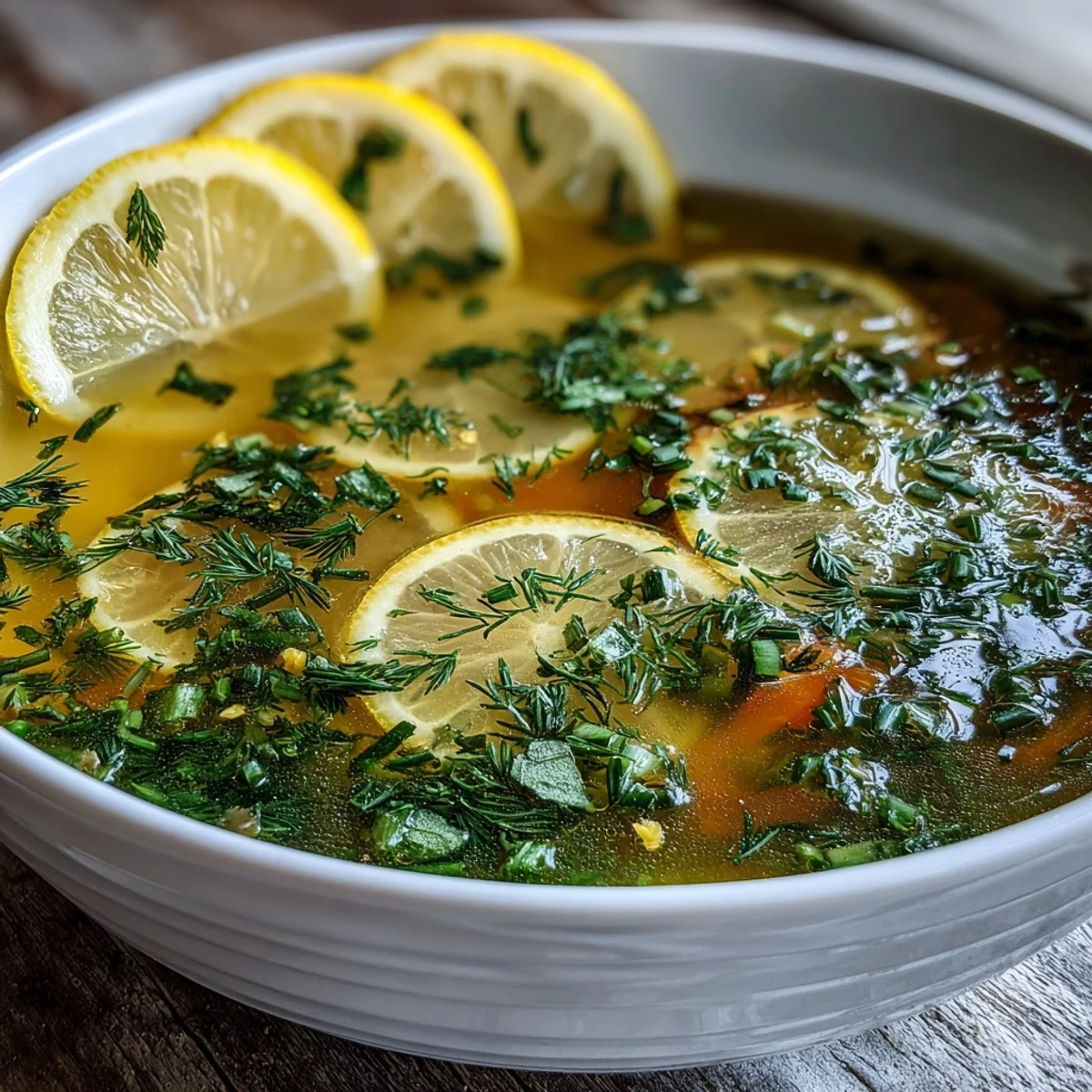 Eine Schüssel duftender Zitronenkräutersuppe mit frischen Kräutern und Zitronenspalten.