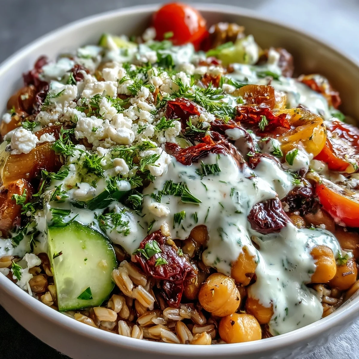 Hearty Mediterranean Farro Bowl, a nourishing and delicious lunch option for any day.