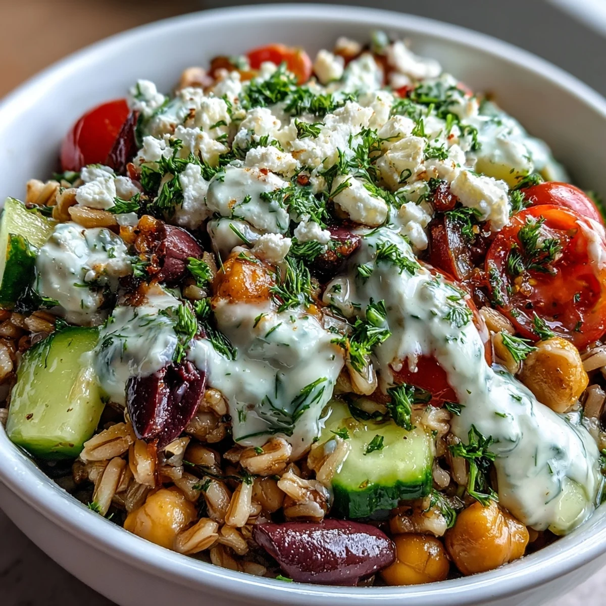 Savor this fresh Mediterranean Farro Bowl, perfect for a light yet satisfying meal.