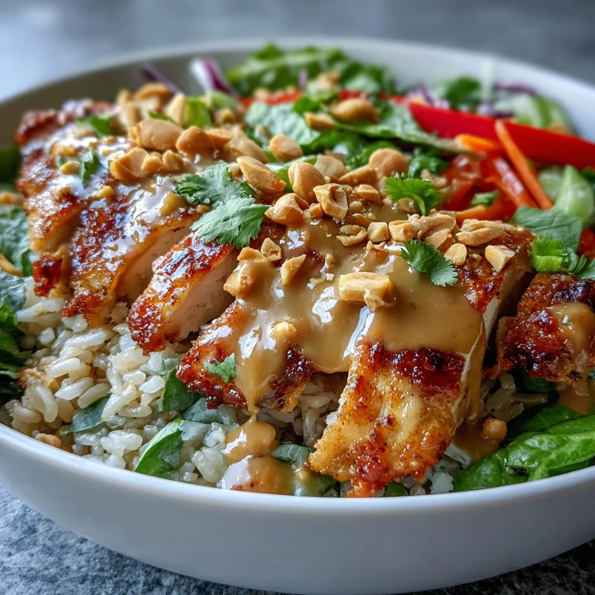 Eine farbenfrohe Peanut-Chicken-Bowl mit saftigem Hähnchen und knackigem Gemüse.