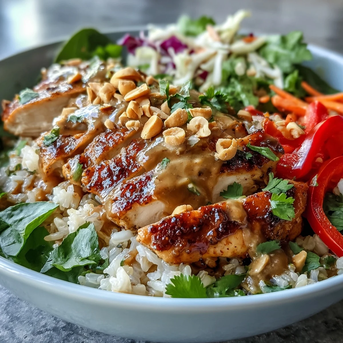 Gebratene Hähnchen-Power-Bowl mit cremigem Erdnusssalat und CRISPR-Gemüse.