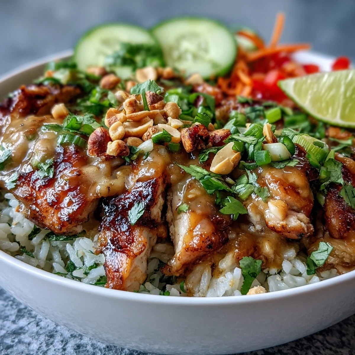 Tender chicken, creamy peanut sauce, and fresh veggies make this Thai Peanut Chicken Bowl irresistible.