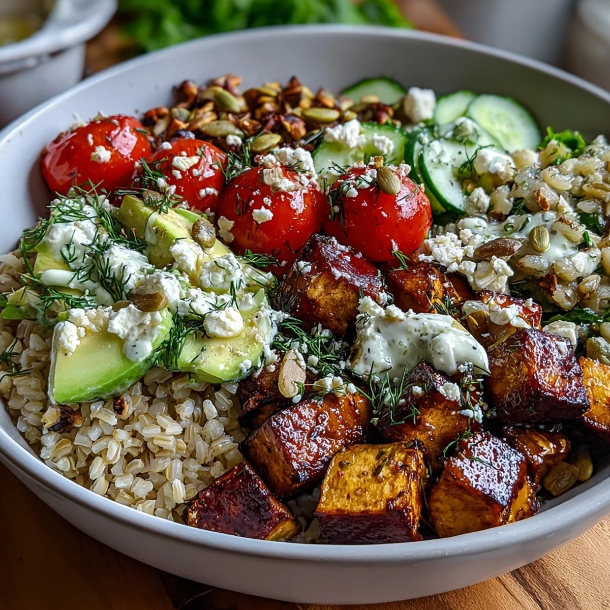 Buntes, gesundes Schüsselgericht mit Körnern, Proteinen und knackigem Gemüse.