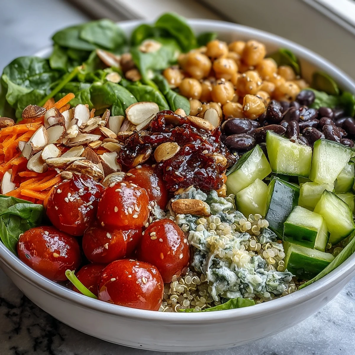 Bunt und frisch: Rainbow Salad Bowl mit Quinoa, knackigem Gemüse und Zitrone.