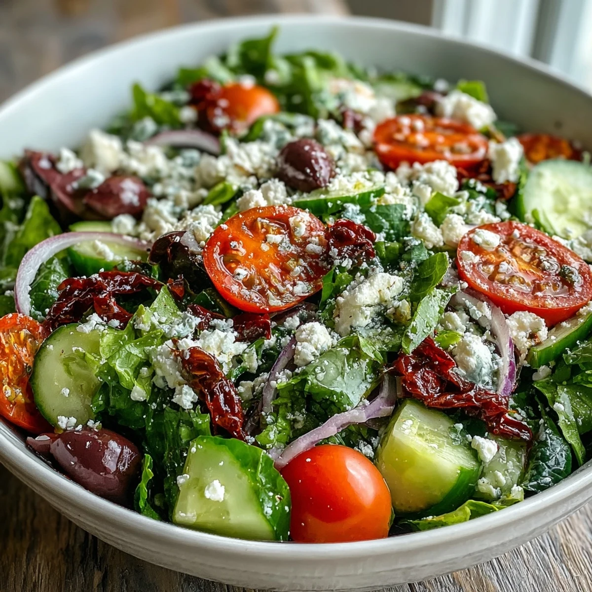 Ein lebendiger mediterraner grüner Salat mit knackigem Gemüse und cremigem Feta.