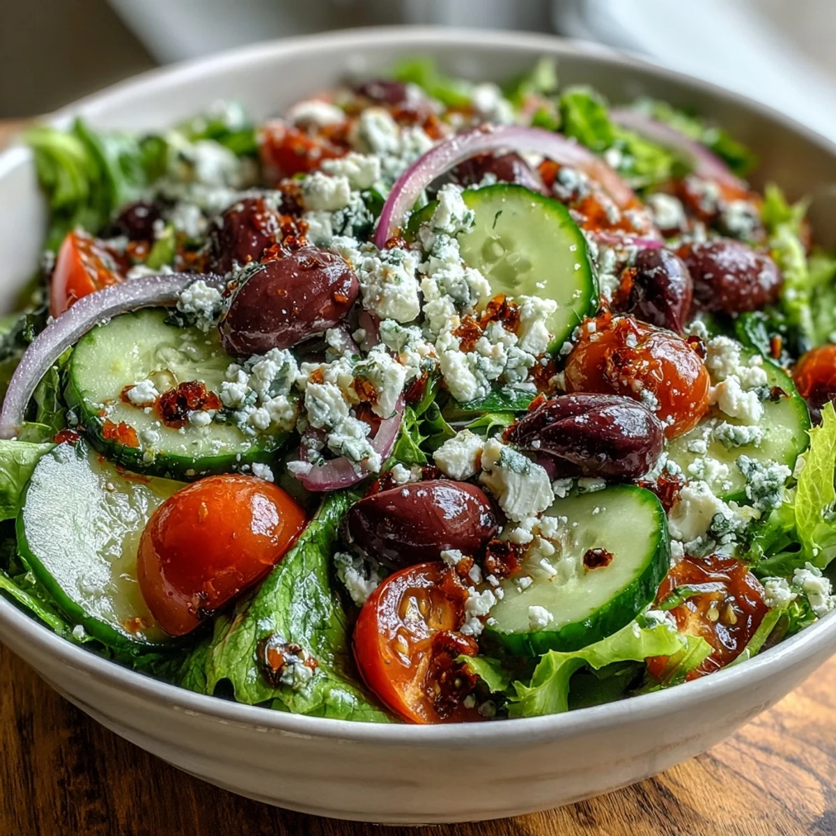 Dieser mediterrane grüne Salat sieht frisch aus, serviert mit einem Tang von Oliven.