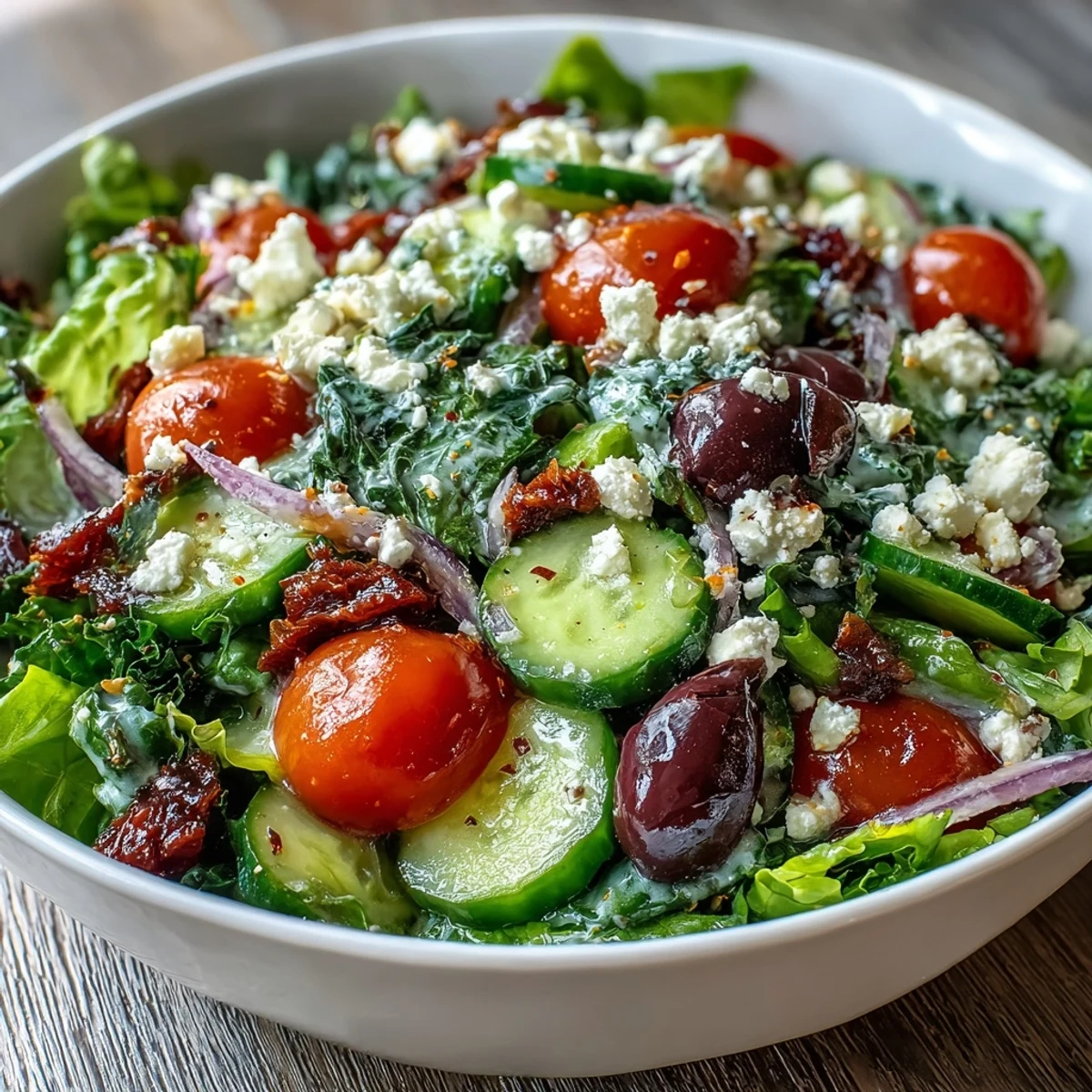 Genießen Sie diesen einfachen mediterranen grünen Salat, perfekt als leichtes Mittagessen.