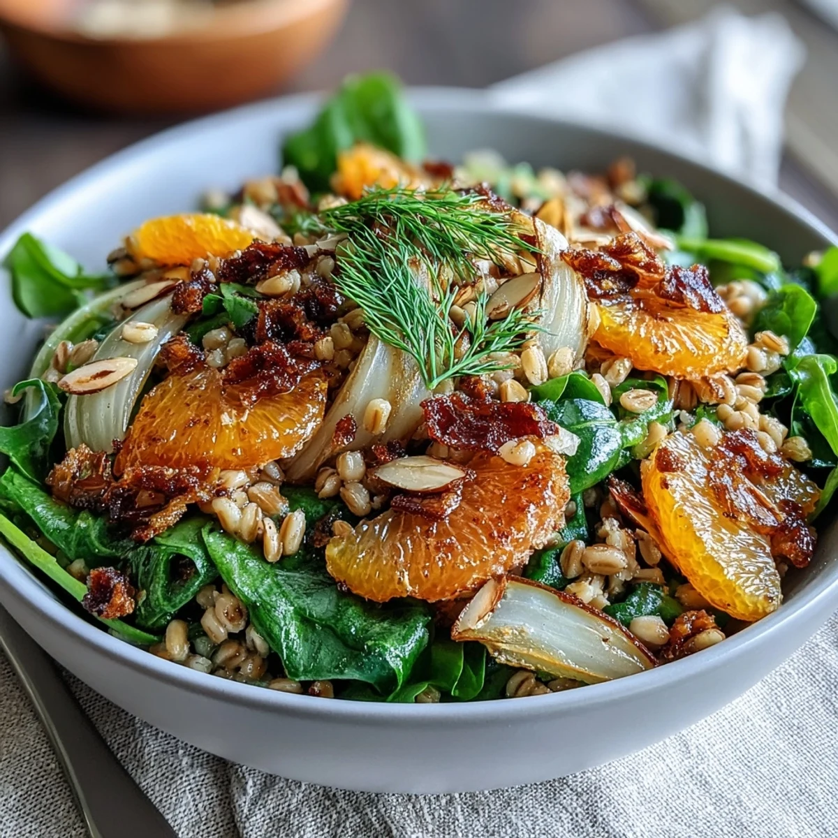 Farro-Salat mit Fenchel, Orangen und Mandeln, garniert mit Nüssen.