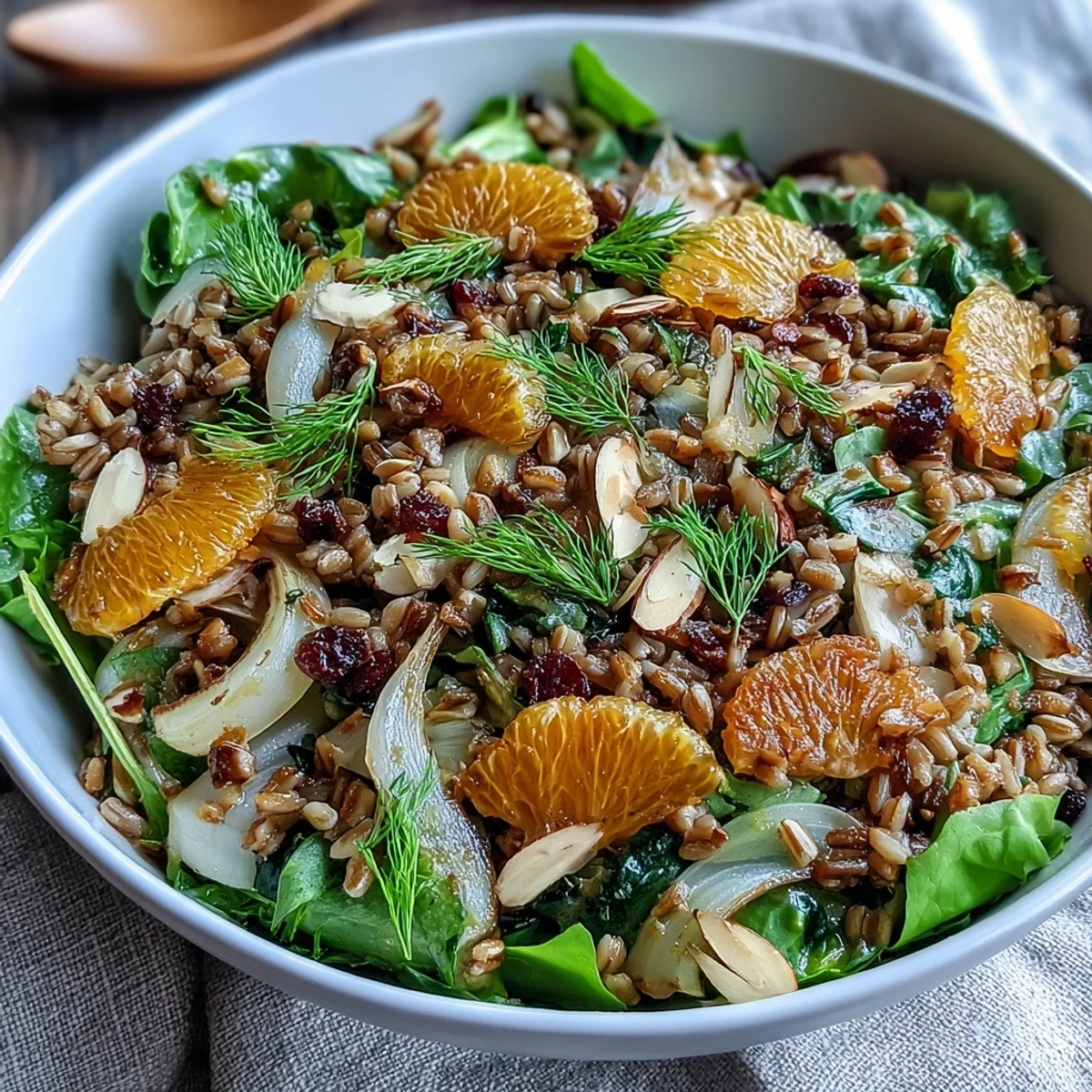 Schön belegter Farro-Schüssel mit Zitrusnoten, perfekt für ein leichtes Mittagessen.