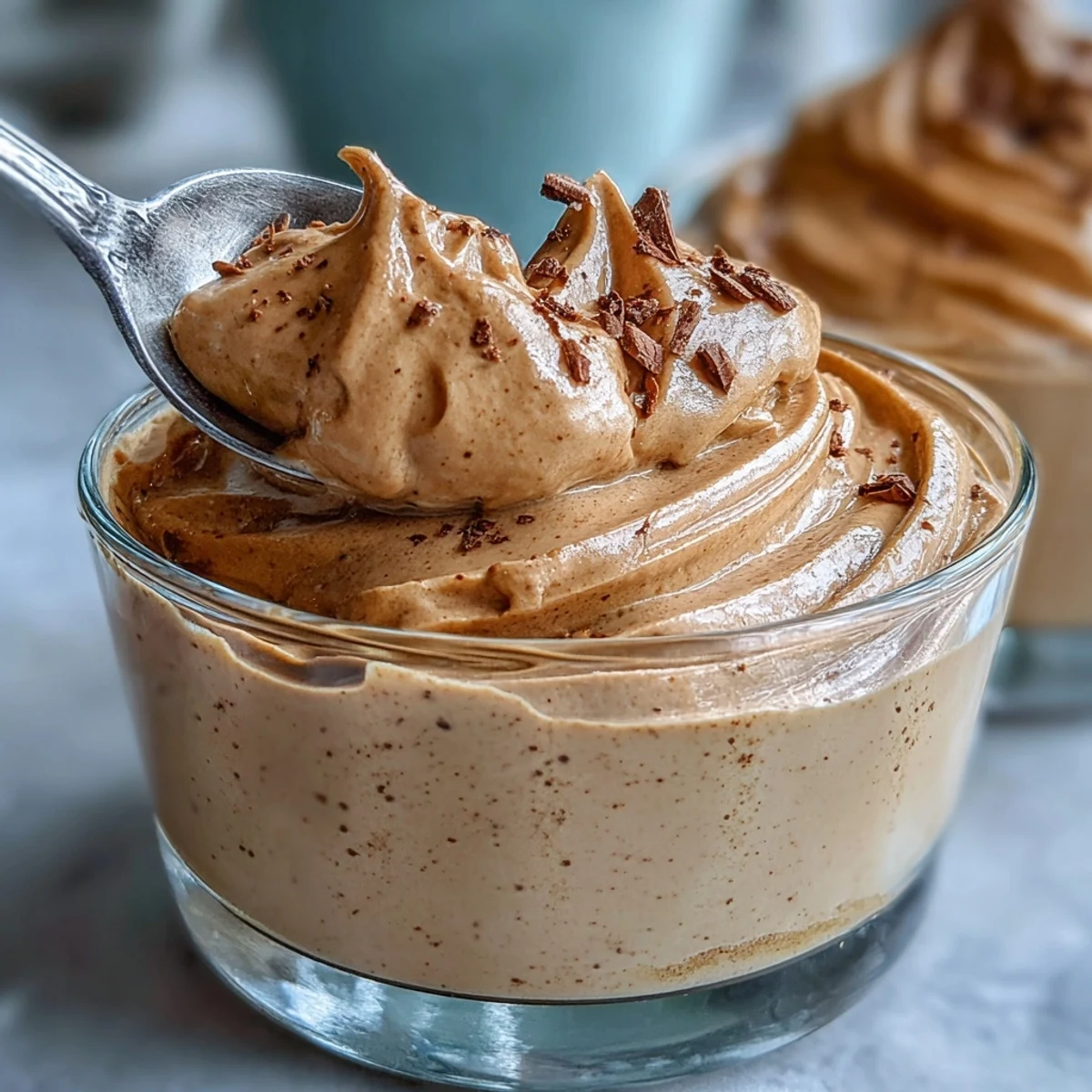 Hojicha Mousse mit gerösteten Teelblättern garniert, cremig und luftig in kleinen Glasbehältern.