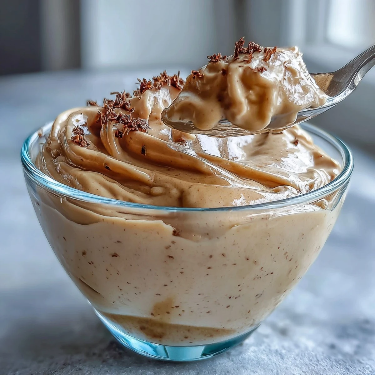 Hojicha Mousse in Ramekins mit Kakaonibs bestreut, ein röstaromatisches, vegetarisches Dessert.