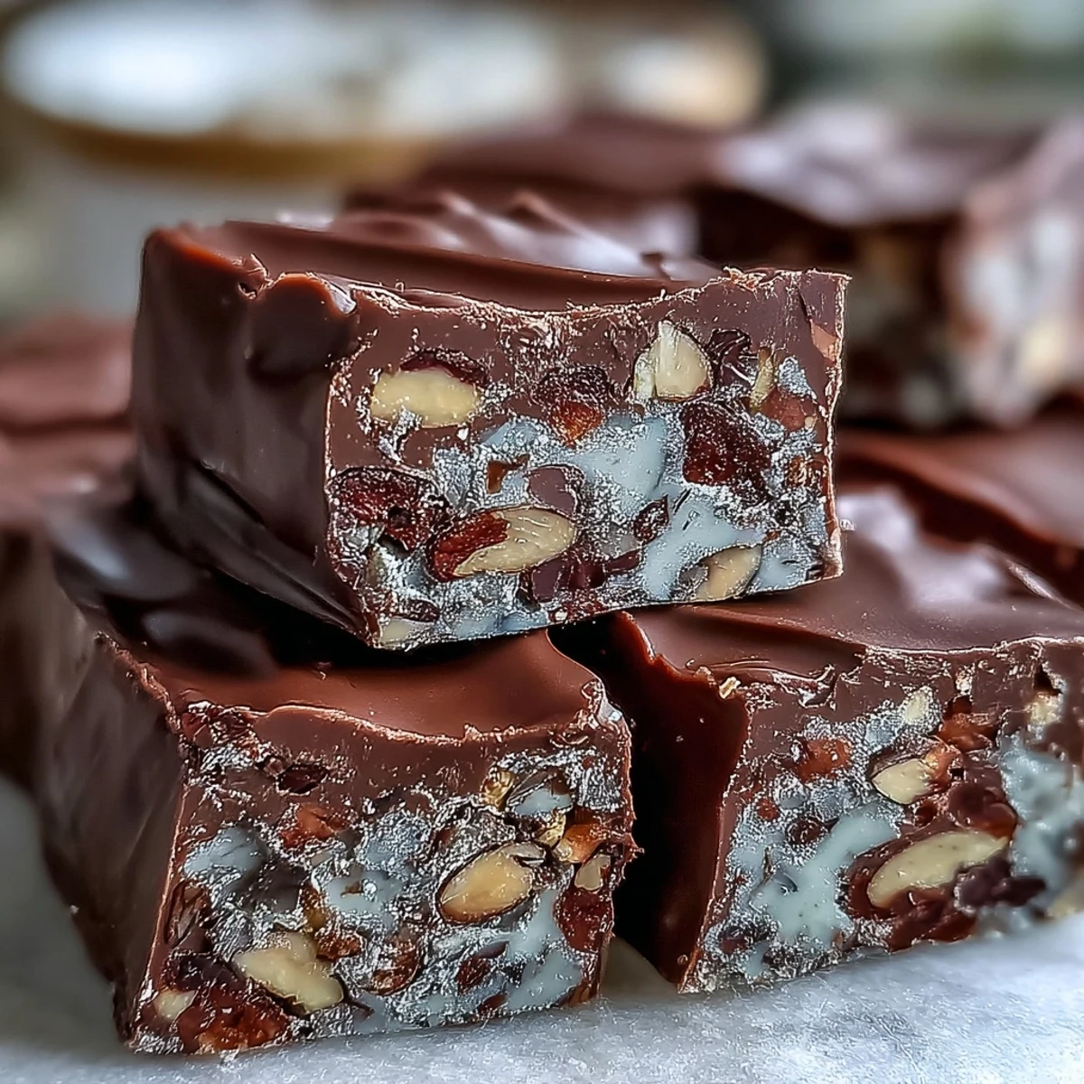 Selbstgemachte Hojicha Nougat mit gerösteten Mandeln und Pistazien auf Edelbispapier.