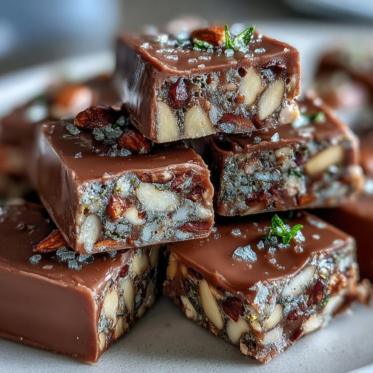 Gebackene Hojicha Nougat Stücke mit röstaromatischem Pulver und gehackten Nüssen.