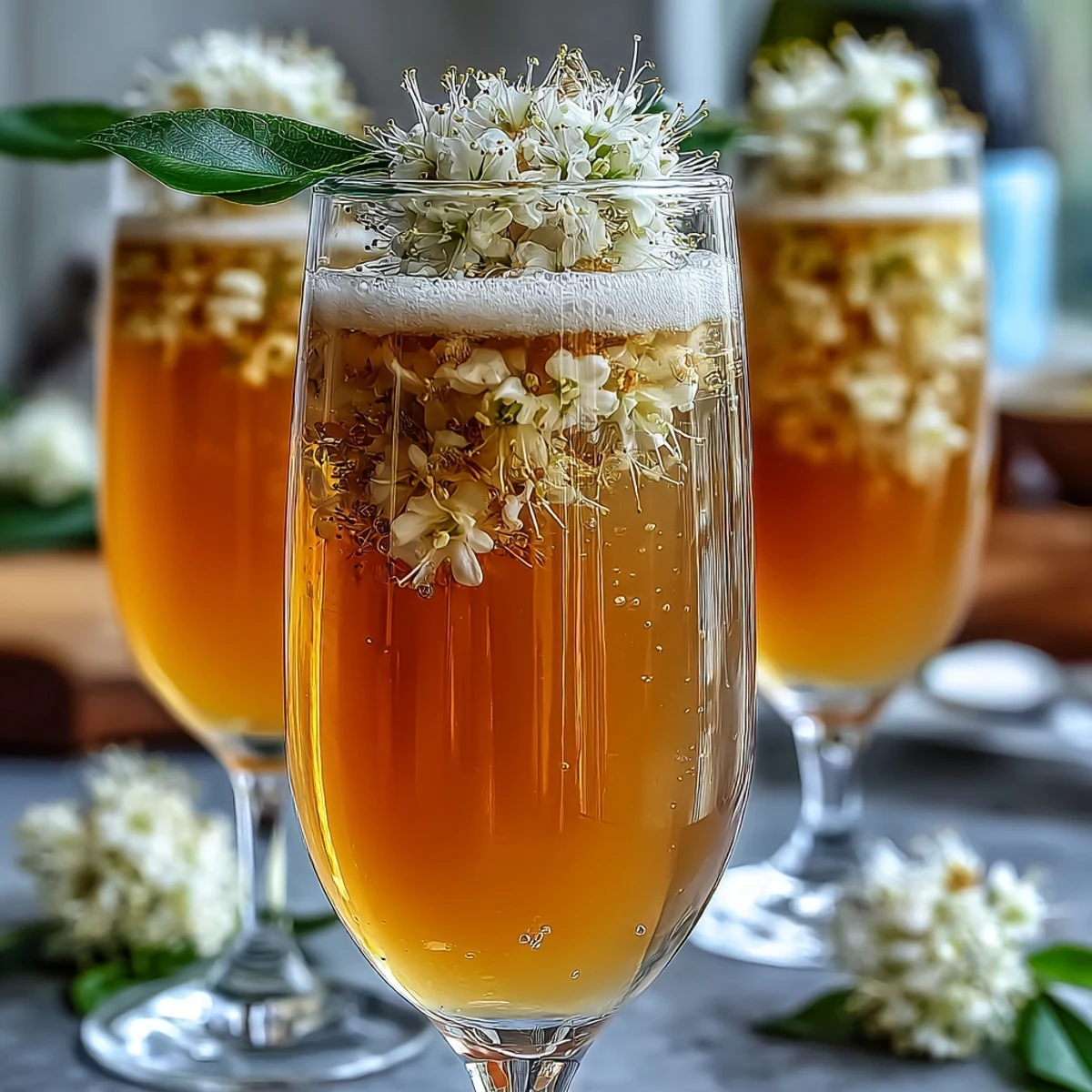 Frische Elderflower Guava Mimosa in eleganten Champagnerflöten mit eßbaren Blüten garniert.