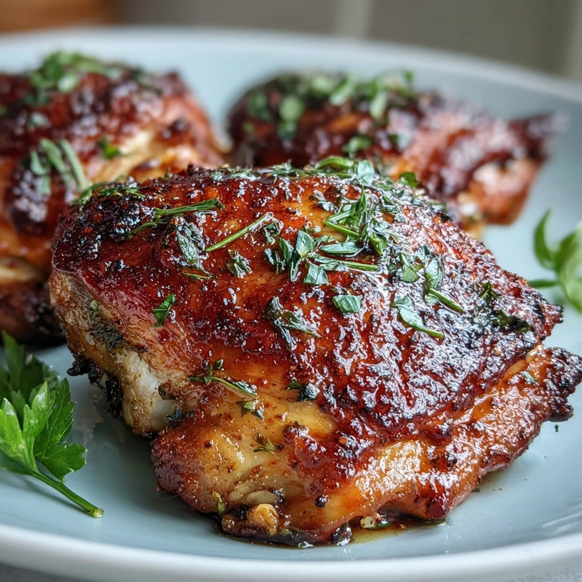 Genieße Crispy Baked Bone-In Chicken Thighs mit Zitronen und frischer Petersilie serviert.