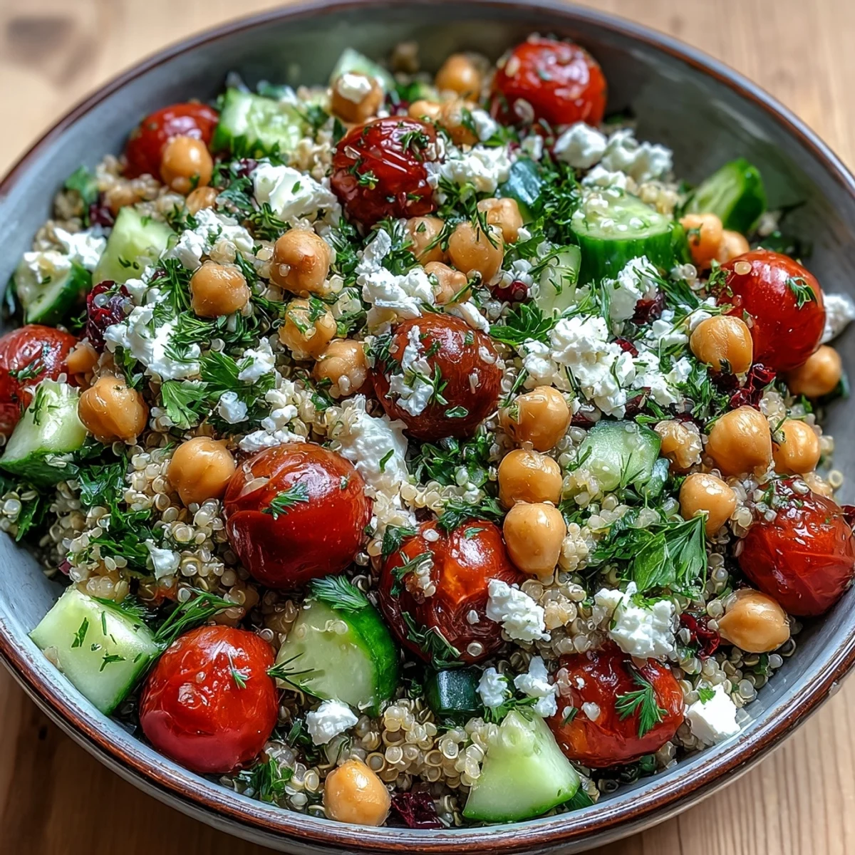 Fluffy quinoa and chickpeas tossed with veggies in this High Protein Quinoa & Chickpea Salad.