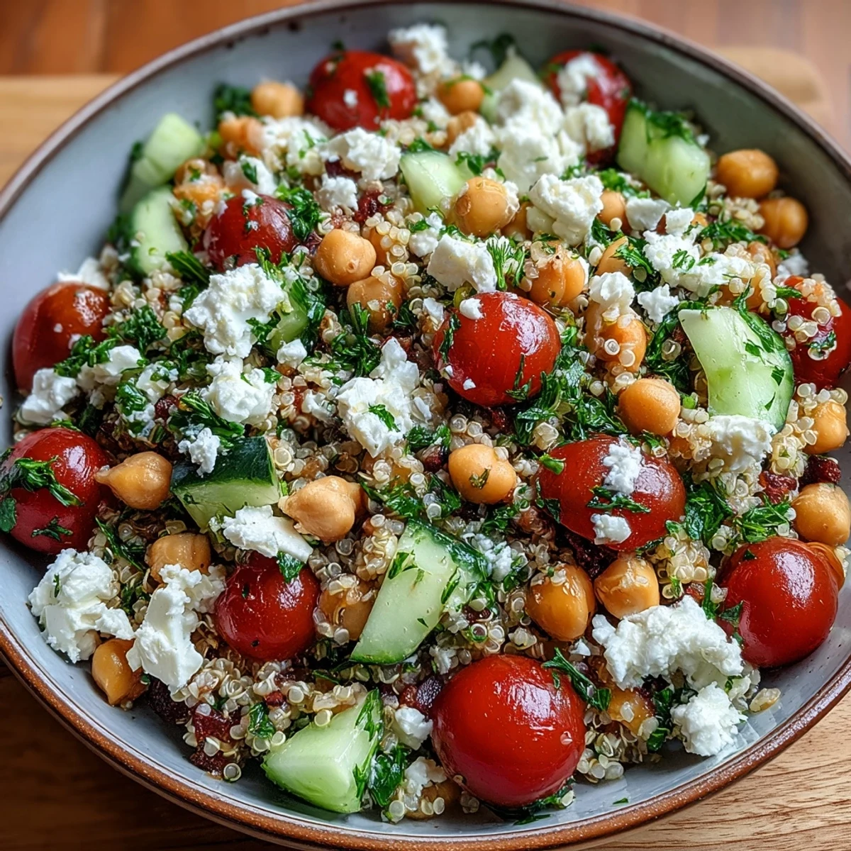 A bowl of High Protein Quinoa & Chickpea Salad served with lemon wedges and crisp cucumbers.