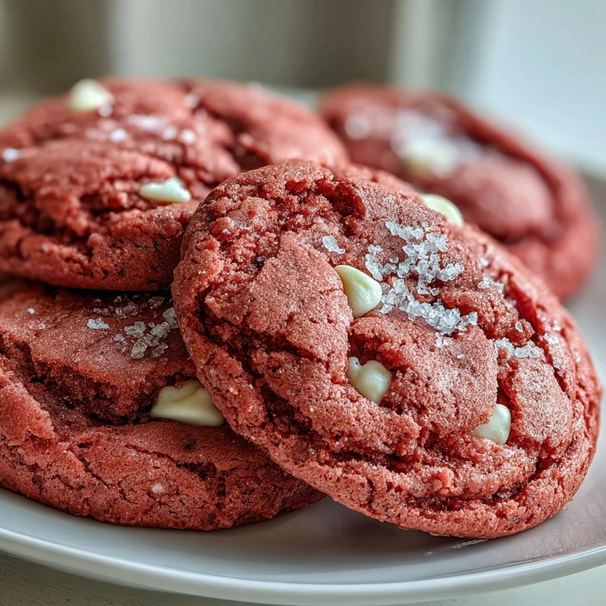 Hausgemachte Pink Velvet Cookies, warm aus dem Ofen, mit cremigen weißen Schokoladenchips auf einem Kuchengitter.