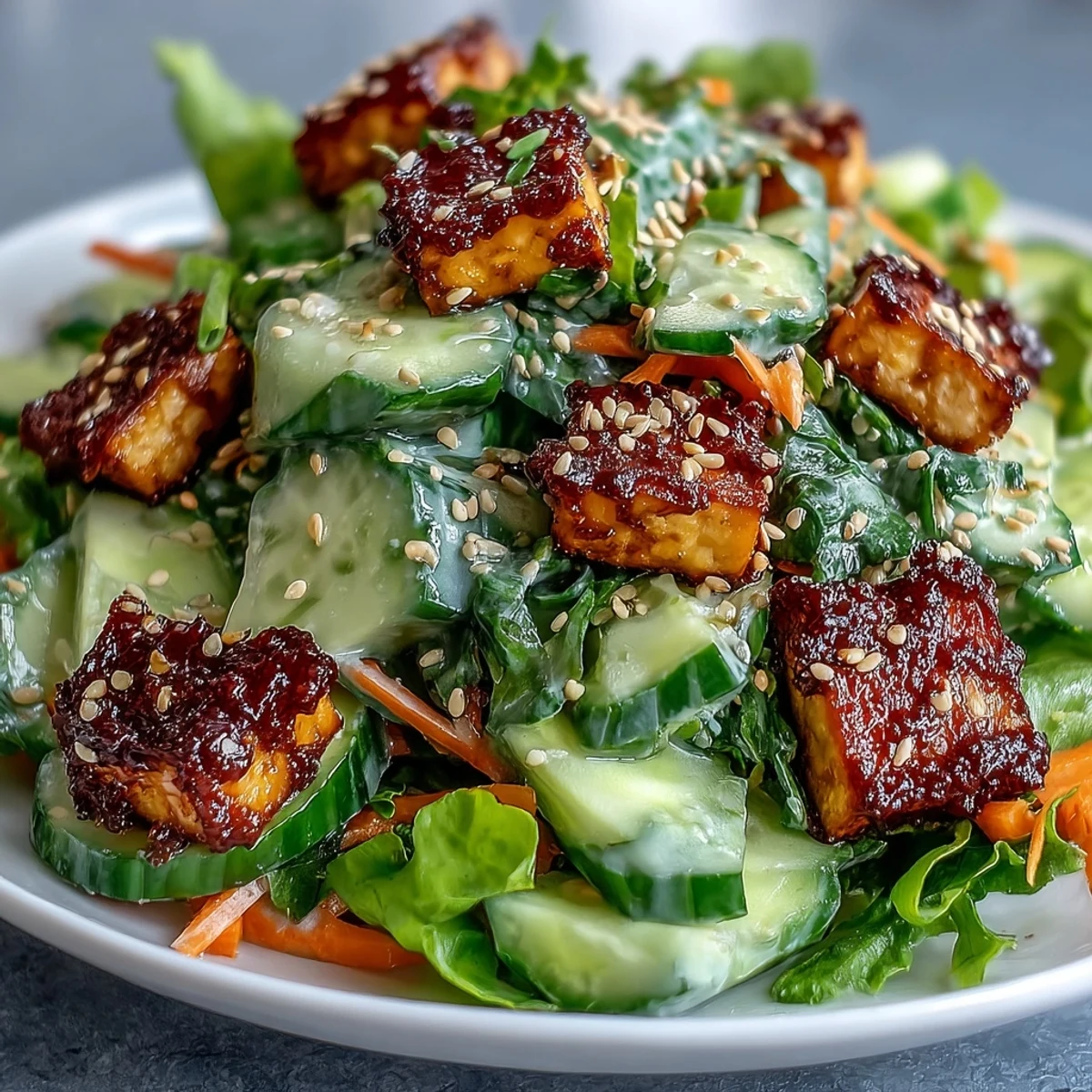 Frisch zubereitete Creamy Asian Cucumber Salad mit knusprigem Tofu und buntem Gemüse.