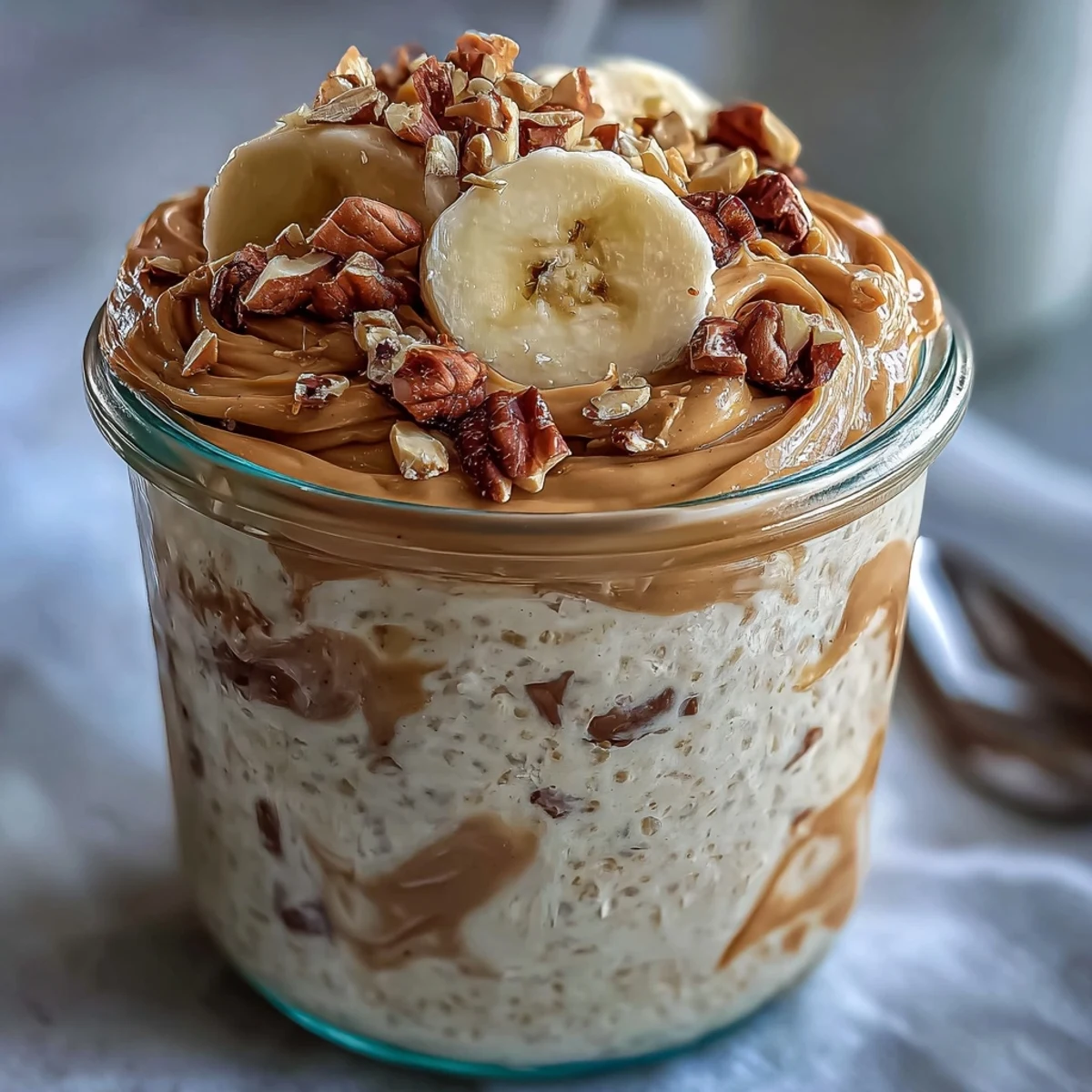 High-Protein Peanut Butter Overnight Oats in a glass jar topped with fresh berries and chopped peanuts