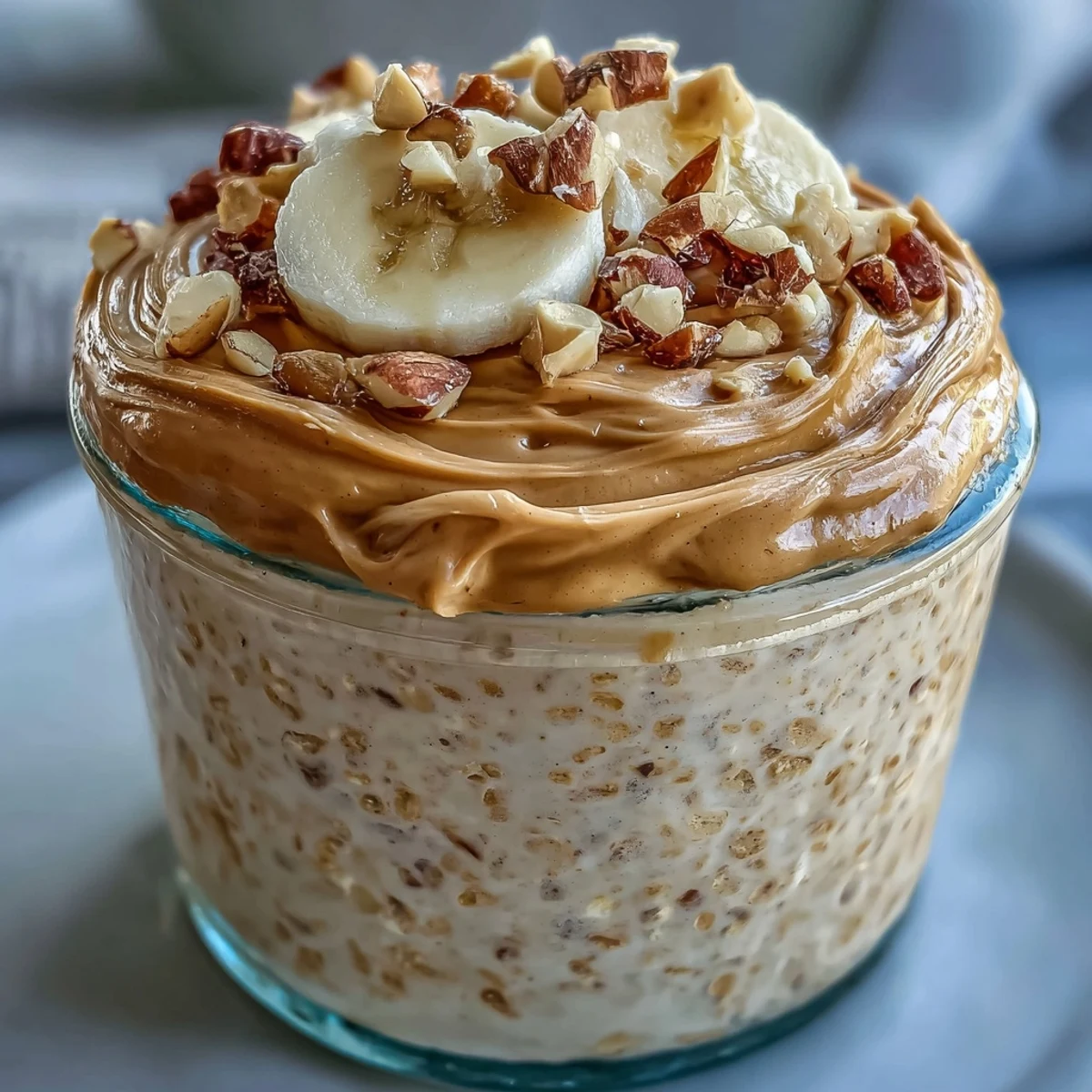 Creamy High-Protein Peanut Butter Overnight Oats layered with banana slices and a drizzle of honey