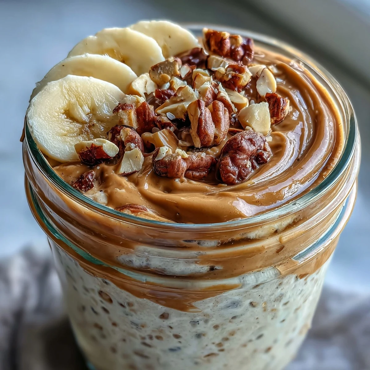 Thick High-Protein Peanut Butter Overnight Oats served in a bowl with Greek yogurt and toasted peanuts