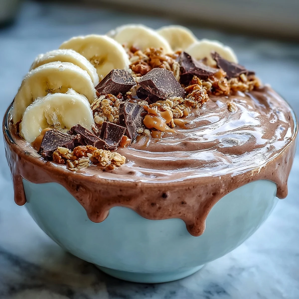 A creamy bowl of Chocolate Peanut Butter Smoothie topped with sliced bananas, granola, and a rich chocolate drizzle.