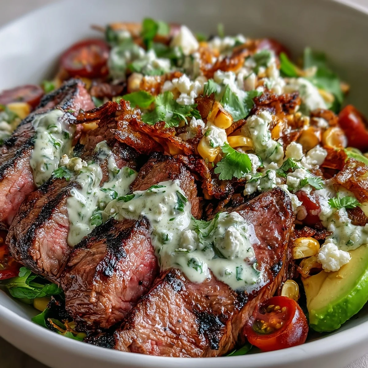 Charred steak and avocado slices in a bowl with roasted corn and cilantro cream sauce garnished with lime wedges.