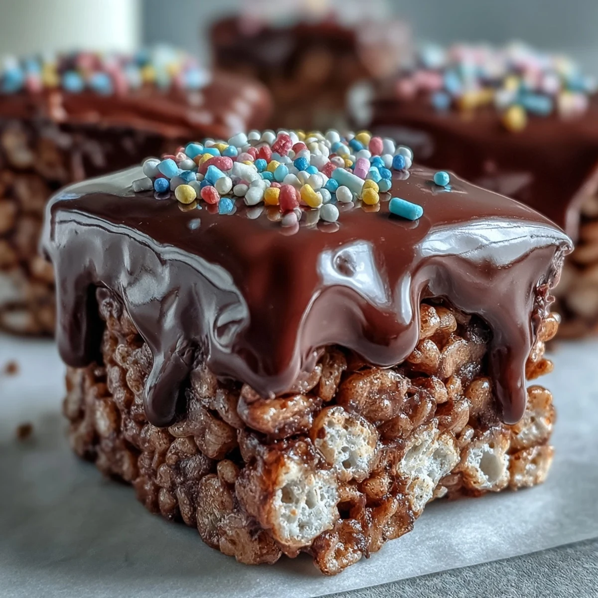 Chocolate Covered Rice Krispy Treats with colorful sprinkles stacked on a white plate, ready to serve at parties.