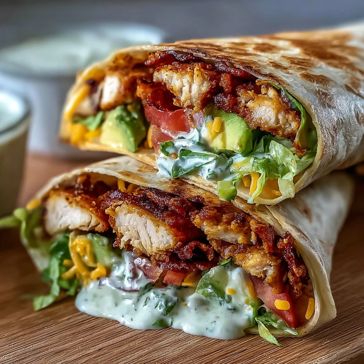 Goldbraun gebratene Crispy Chicken Bacon Wrap mit geschmolzenem Cheddar, zarter Tomate und würziger Mayo-Senf-Sauce im warmen Weizentortilla.